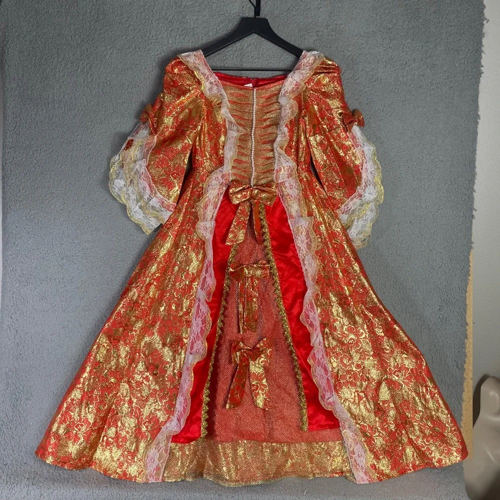 Girls Red Gold Brocade Marie Antoinette Rococo Costume Gown Dress Size 10-12